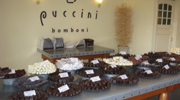 A table full of chocolate on trays. Against the wall the logo of Puccini Bomboni