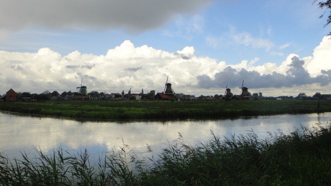 A view over reed and water towards the village and windmills on the other side